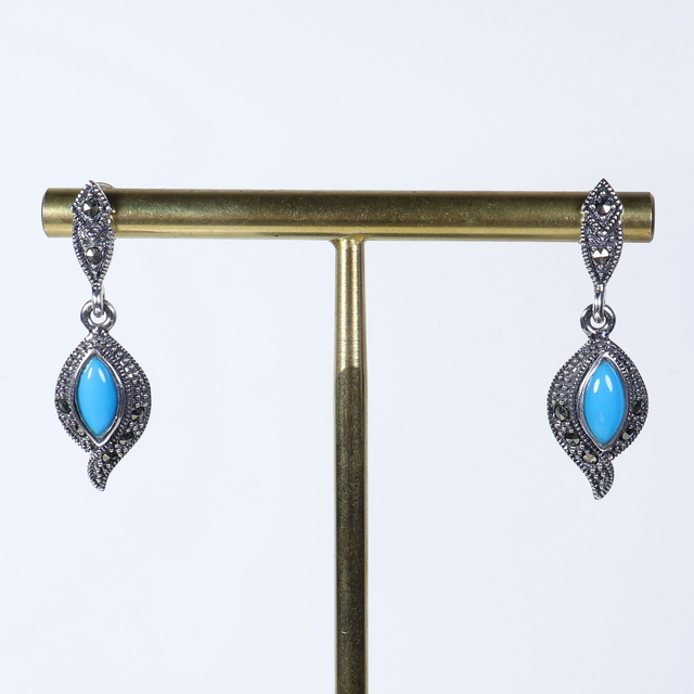 Sterling Silver 925 Art Deco Style Blue Marquise Cut Turquoise Colour Marcasite Navajo Feather Native American Design Drop Dangle Earrings