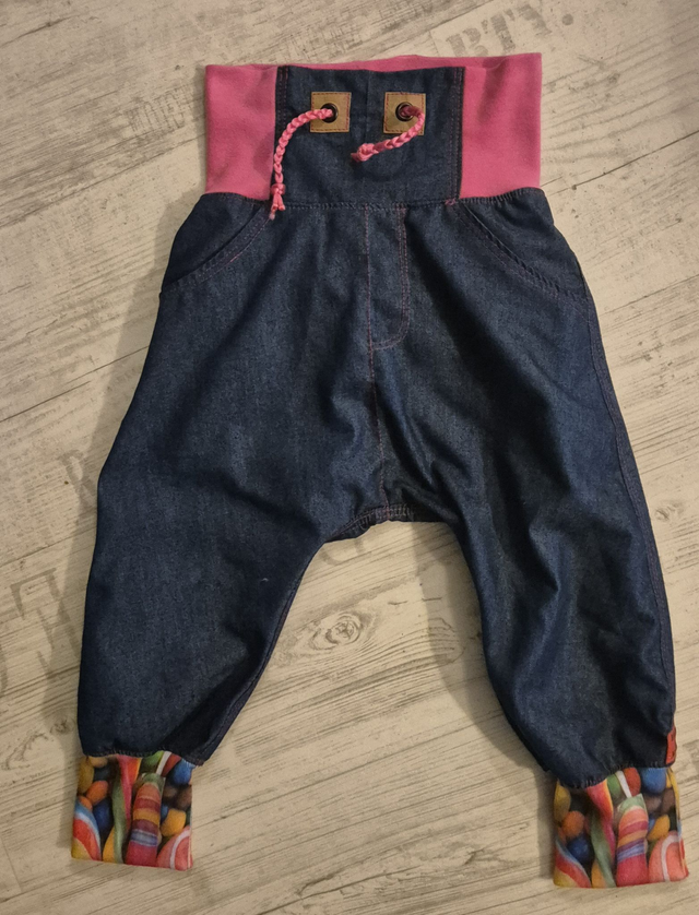 Baby-Pumphose, Mitwachshose Jeans blau-pink #74-80, mit Taschen