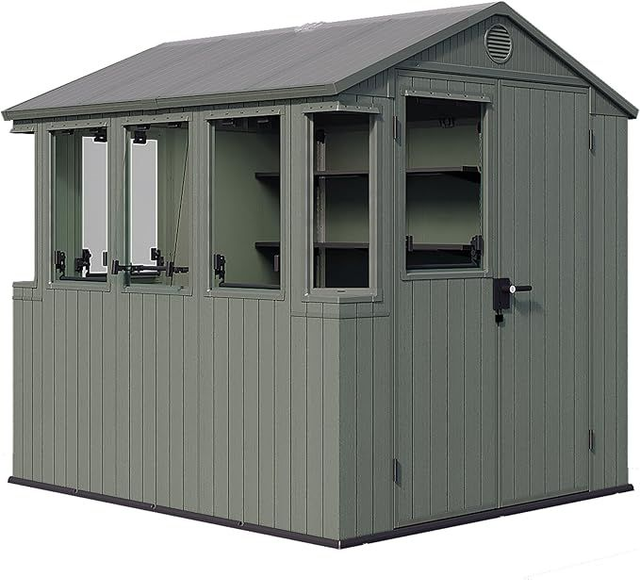 Keter Darwin Potting Shed 6x8ft – Green | Hybrid Roof for Light & Shade | 5 Opening Windows + 2 Fixed | Includes 2 x 160cm Shelves | Evotech+TM Wood