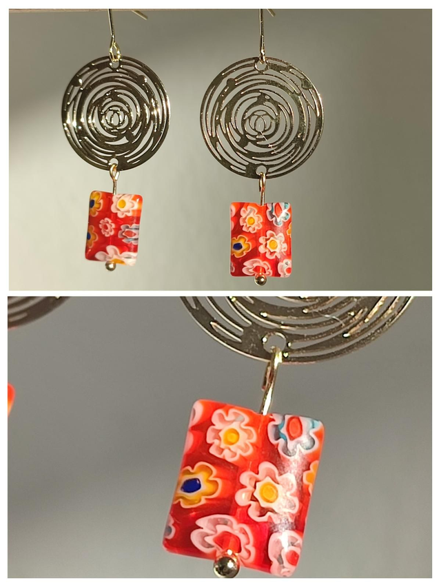 Z-Boucles cercle et carré fleuri en verre mille Fiori orange 