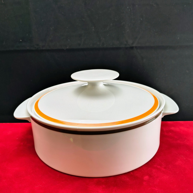 Thomas | Meerdere Dekschalen met deksel en handgrepen Rond (diameter 20,5 | hoogte 10 cm) met Bruine en Oranje bies | Vintage