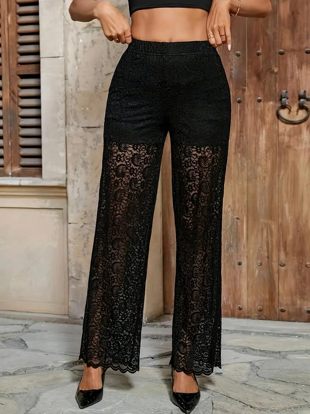 Women's Elegant Black Lace Wide-Leg Pants