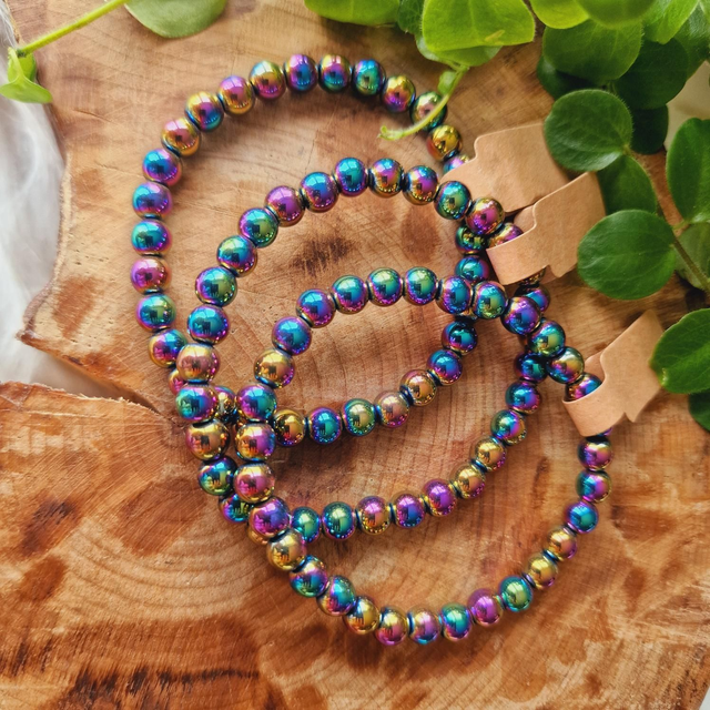 Rainbow Aura Coated Hematite 6mm Beaded Bracelet