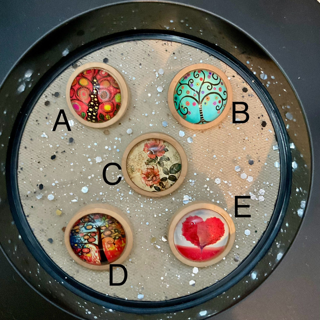 Handmade colourful brooches. Beautiful printed cabochon design. 