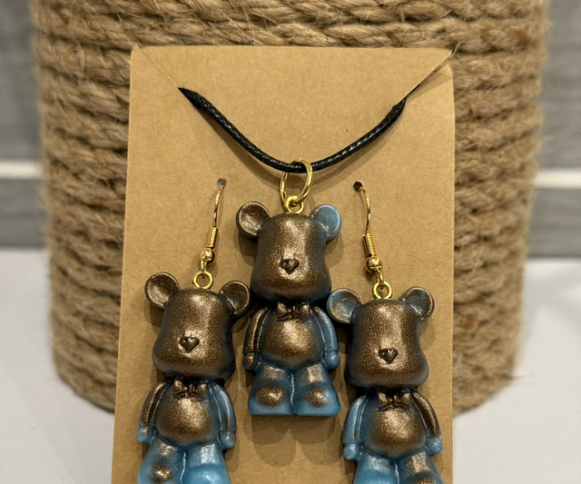 Parure Oursons Guimauve bleu et marron doré 