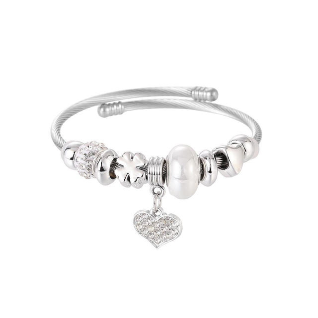 Pulseira Bracelete Rígida em Aço Inox com Berloques de Coração e Trevo - Ref. FP-62841