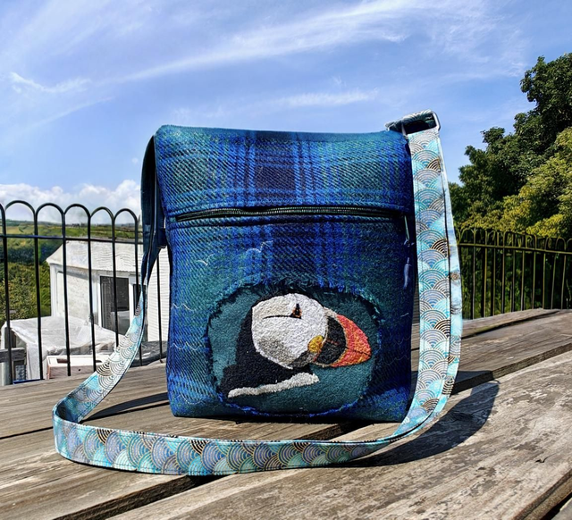 English Tweed hand embroidered puffin cross body bag