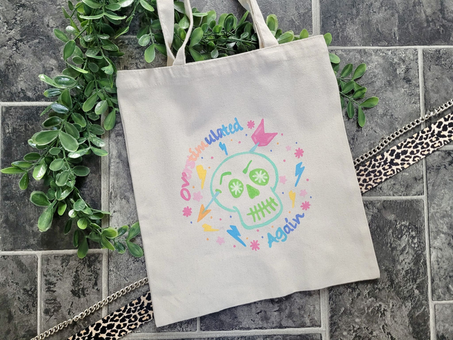 Pastel Hand-Painted “Overstimulated Again” Tote Bag