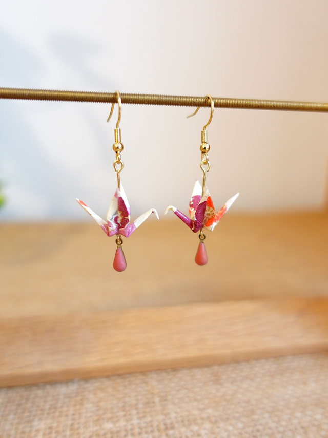INOX doré / Origami grues, oiseaux / Papier japonais washi / Violet, Orange, or / Boucles d'oreilles origami /