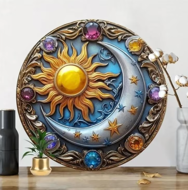 Vintage rond metalen bord Zon en maan kristallen (20cm)