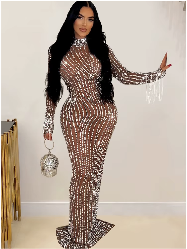  Gorgeous Brown Mesh Long One Piece Dress with Crystals - Glamorous Diamond Fringe Evening Dress - Party and Birthday Outfit