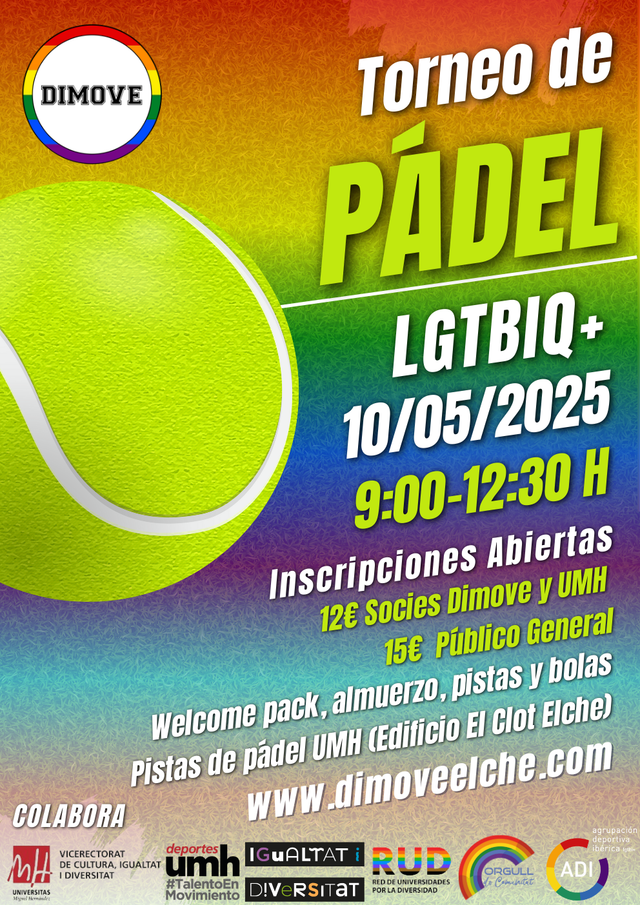 Donación + Inscripción Torneo de Padel LGTBIQ+ DIMOVE 10/05/2025 Pistas de pádel UMH