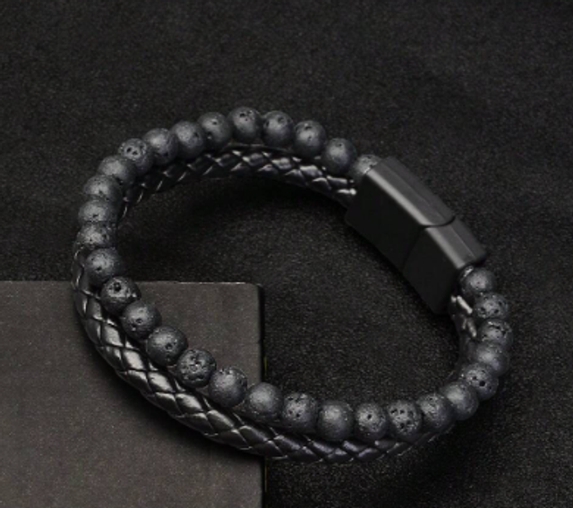 Bracelet vintage perles œil de tigre et pierre volcanique homme