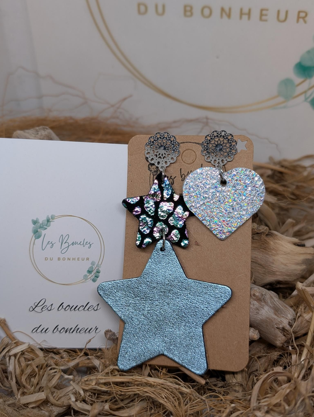 Boucles d&#039;oreilles Asymétrique Étoile coeur bleu argenté ds016