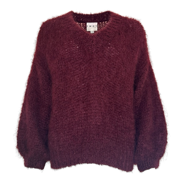 long-sleeved v-neck fluffy pullover burgundy