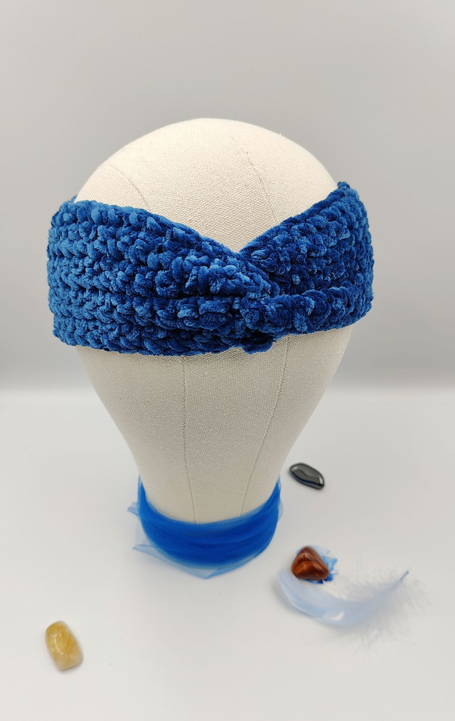 Bandeau de tête bleu paon aspect velours fait au crochet, Bandeau hivers crocheté