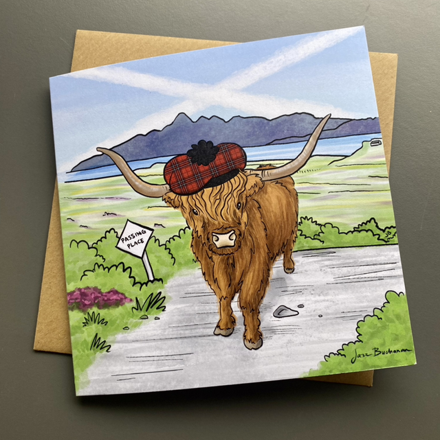Highland cow Scots bonnet greeting card