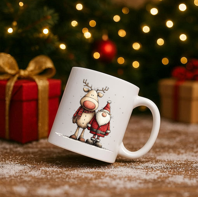 Vintage Santa &amp; Reindeer 11oz Ceramic Printed Mug Design 12