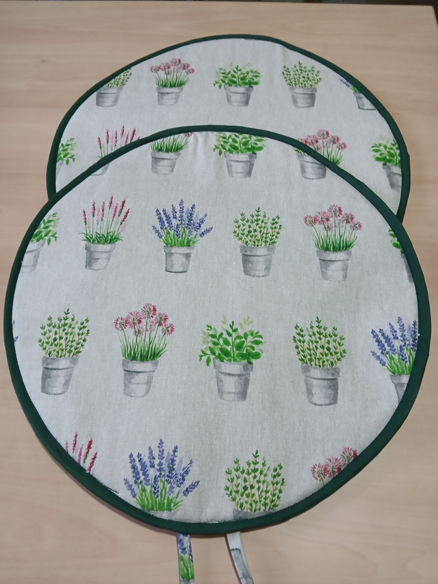 Pair of Aga Lid Covers Lavender Plants Print Fabric with green binding