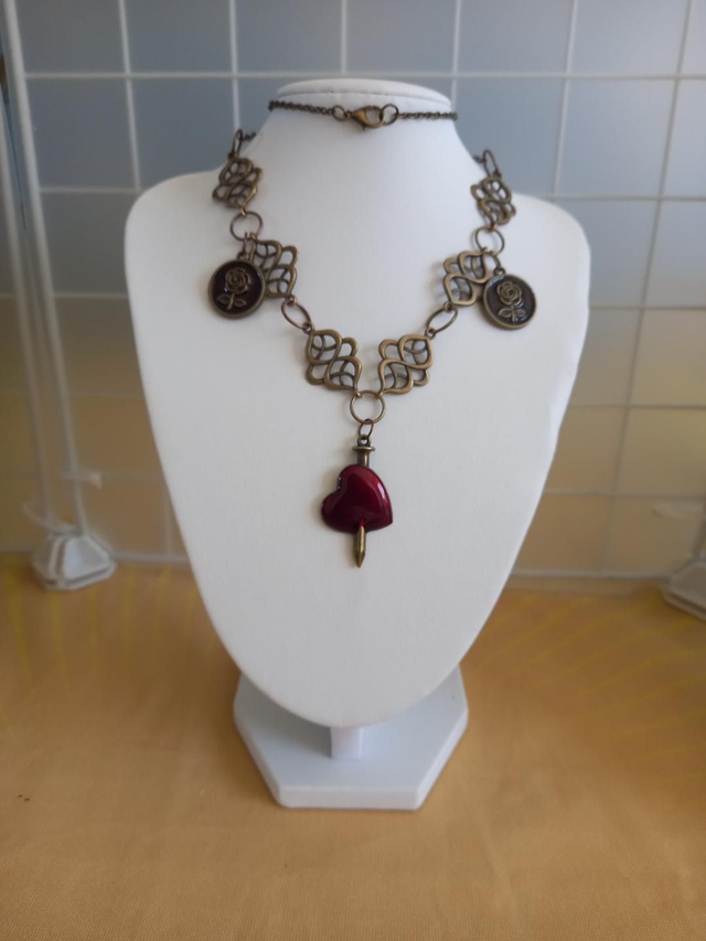 Gothic Alternative Necklace, Cross, Dark Red, Skeleton, Bronze Colour, Punk