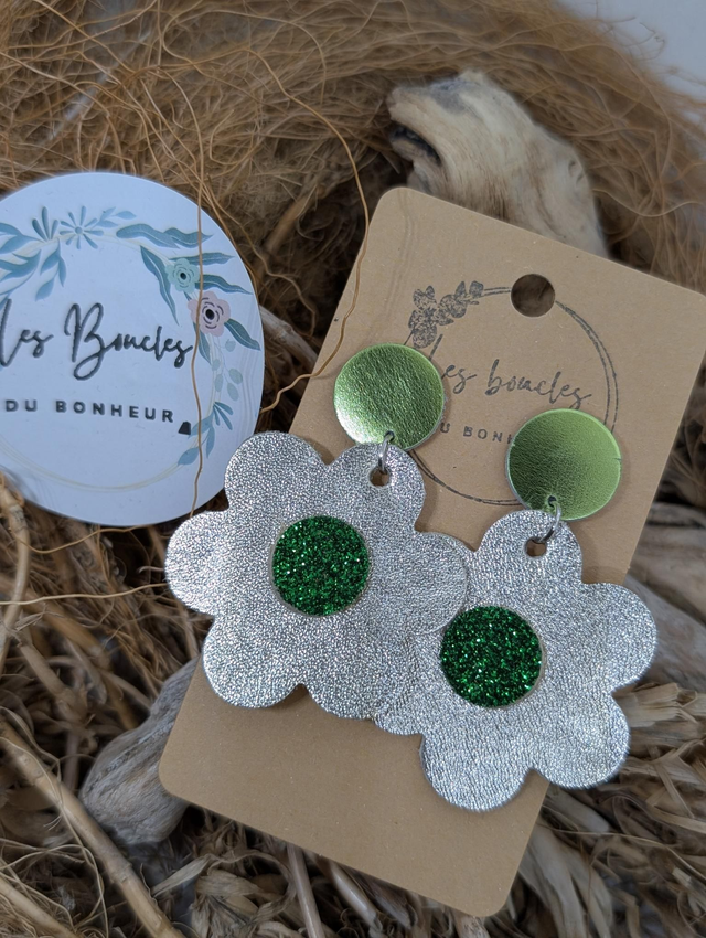 Boucles d&#039;oreilles fleur rétro m1135 argenté vert paillettes 