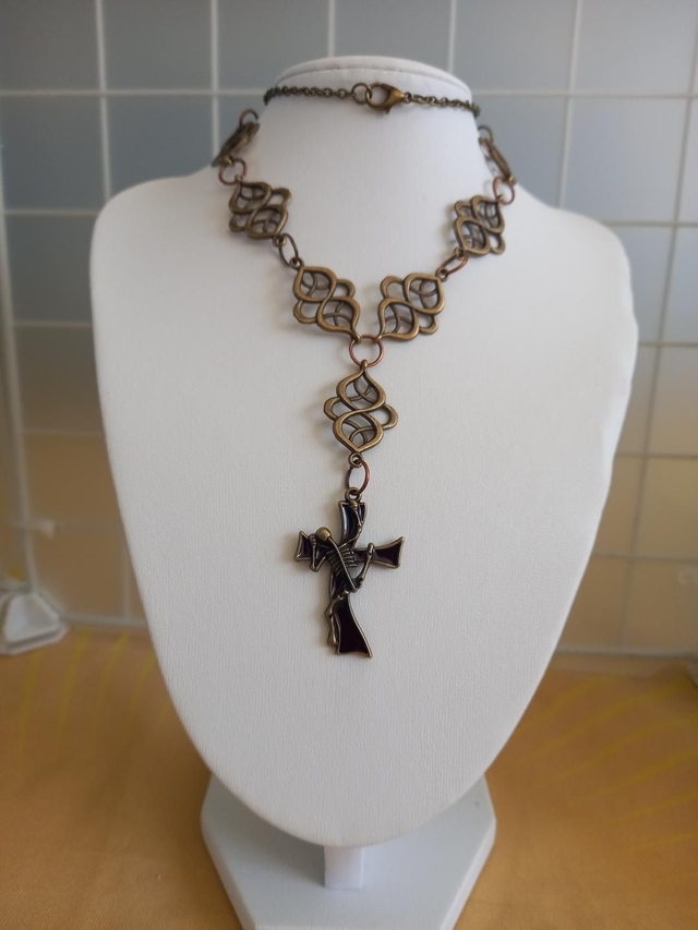 Gothic Alternative Necklace, Cross, Dark Red, Skeleton, Bronze Colour, Punk