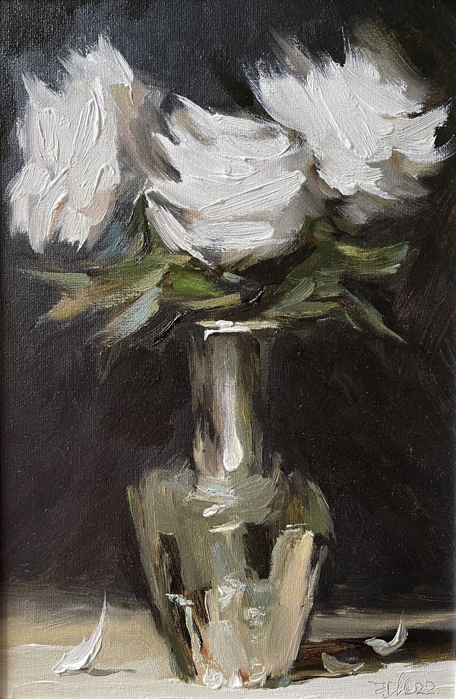 Roses in silver vase. Original oil painting on canvas. In frame