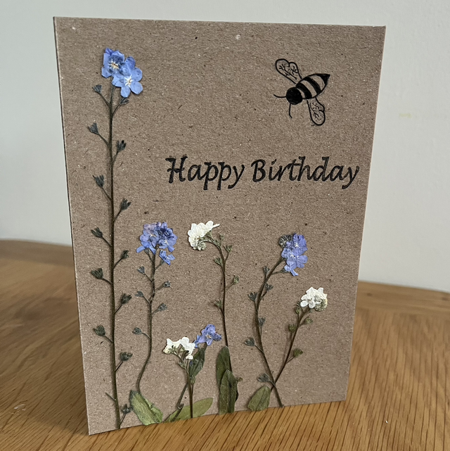 Happy Birthday Forget-me-not and Bee Card