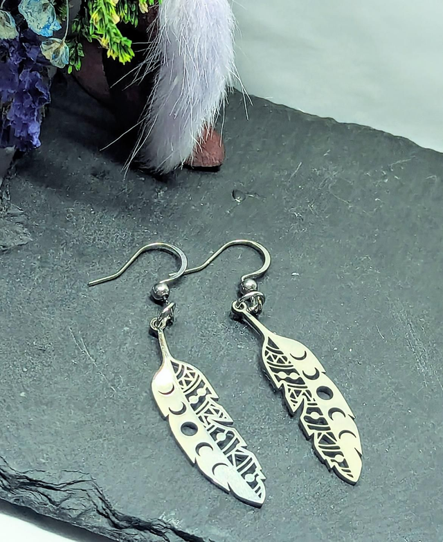 Stainless Steel Feather Moon Phase Drop Earrings 