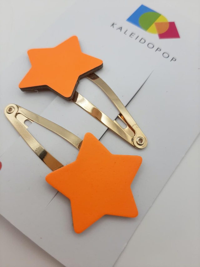 SALE! Neon leather hair clips - orange stars