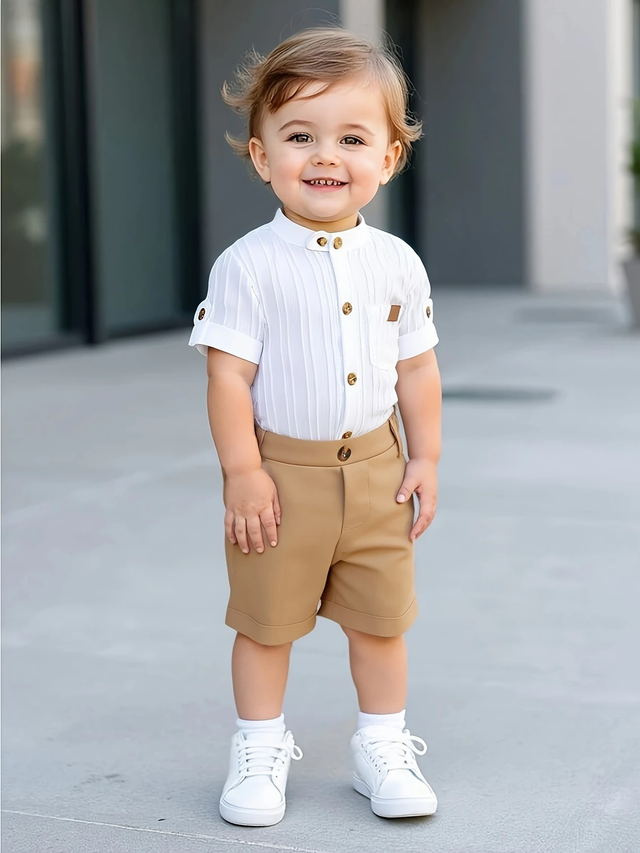 Boys' Gentleman Preppy Style Solid Color Casual Shorts Set 