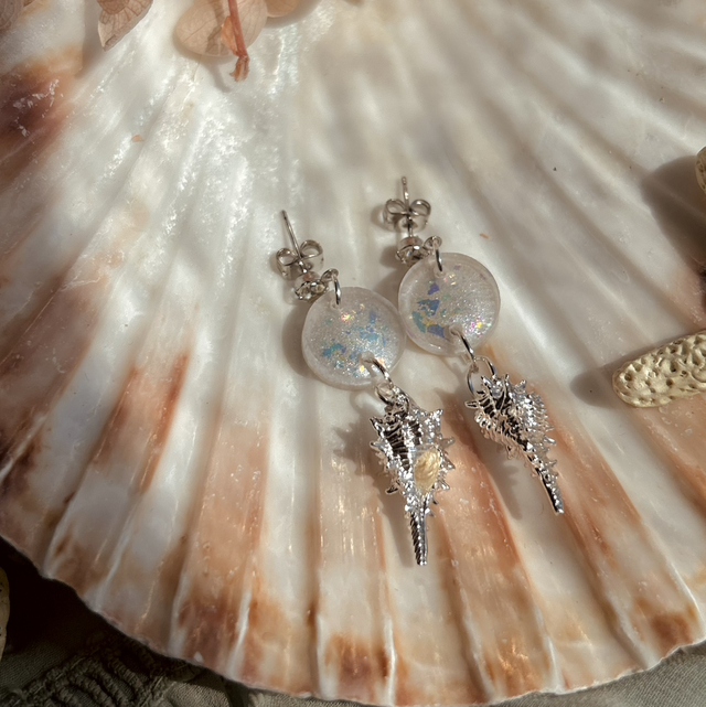 White and Iridescent Shell Stud Earrings Platinum Plated