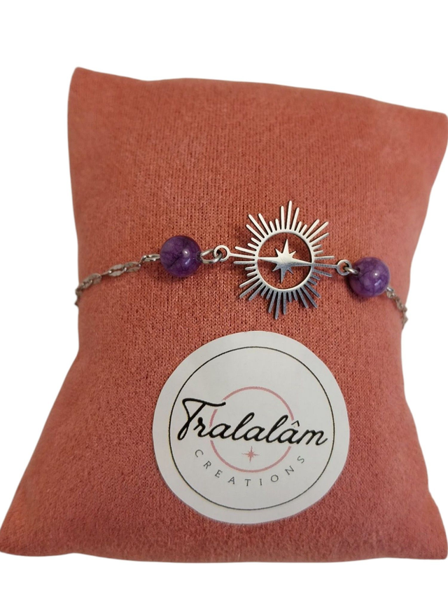 ✨Bracelet &quot;chaîne fine argentée MA BONNE ÉTOILE rayonnante et améthyste&quot;✨(56BRA)