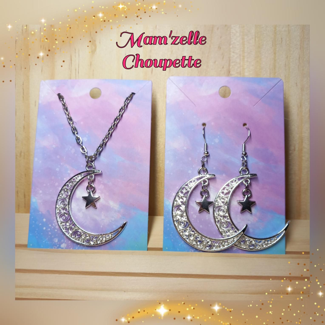 Collier et boucles d'oreilles lunes et étoiles