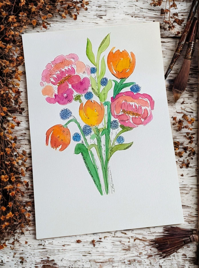 Pivoines et Tulipes - Aquarelle originale A4 