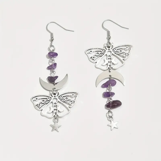 Moth earrings with purple gemstones