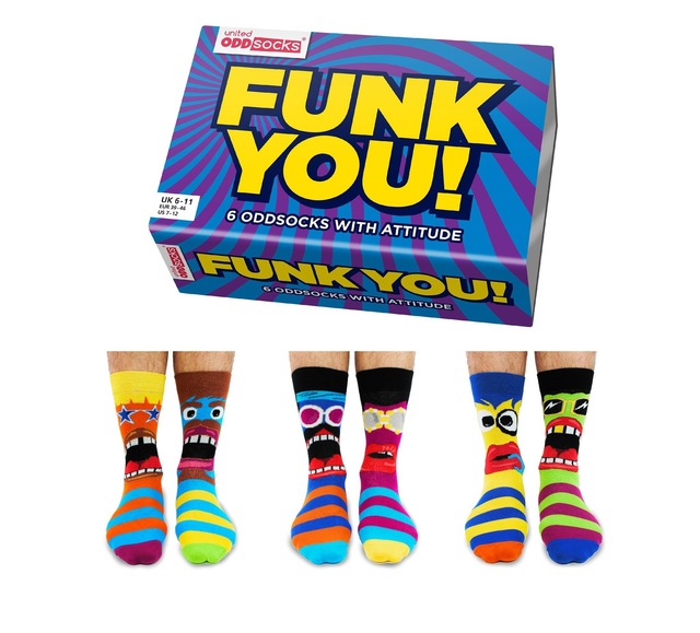 United Oddsocks Funk You Men’s Odd Socks Gift Box – 6 Colourful Mismatched Socks UK 6–11