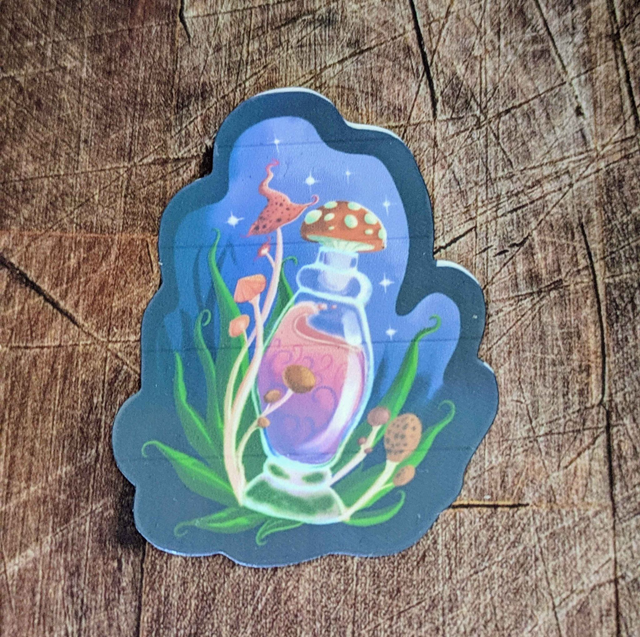 Autocollant "Potion Champi" - 6 x 4,5 cm - vinyle holographique