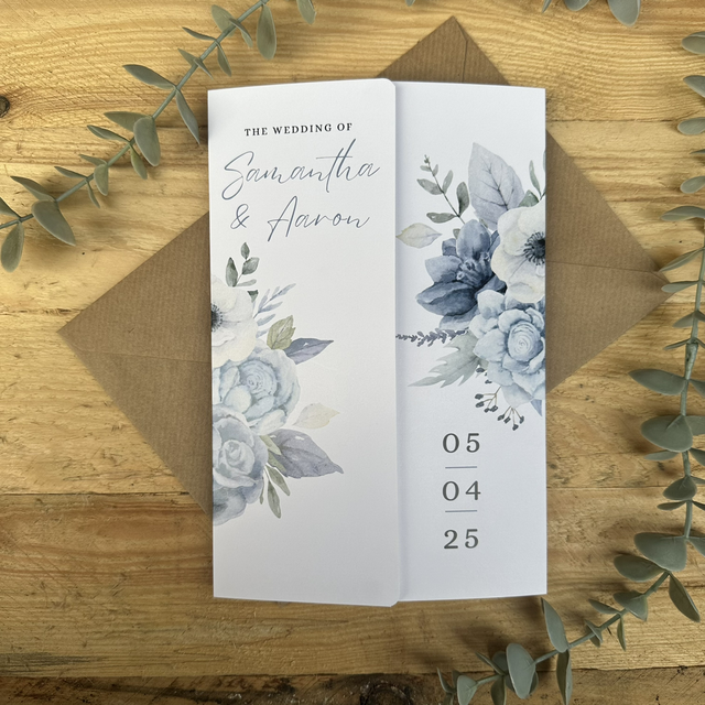Dusty blue, sage green and white floral design Gatefold Wedding Invitations – Personalised, Includes RSVP QR Code and Envelopes