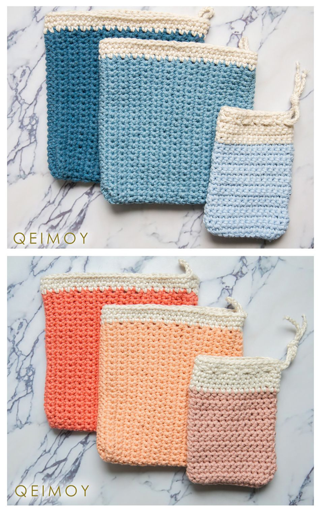 Beauty-set met 2 katoenen handgehaakte washandjes + zeepzakje