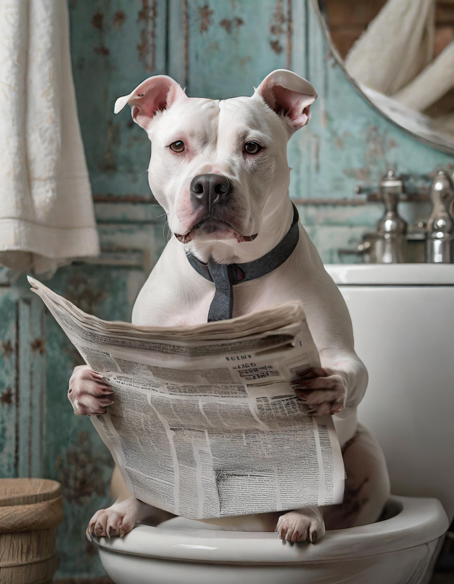 Staffordshire Bull Terrier on the Toilet Framed Canvas