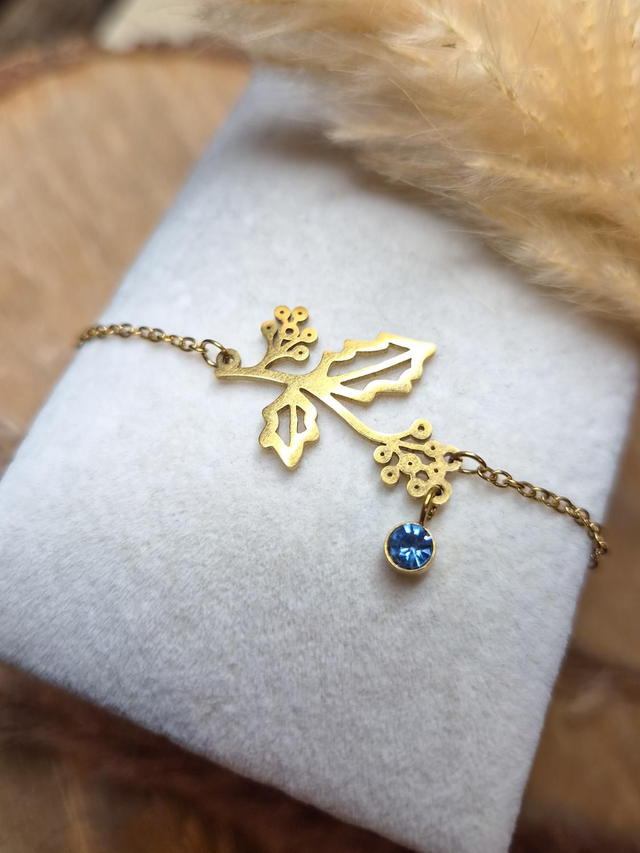 Bracelet "Feuilles" - Modèle doré et pierre bleue