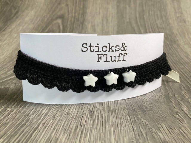 Black Crochet Choker with White Star Beads