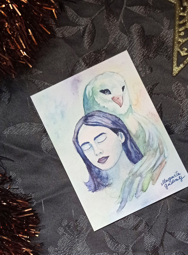 Carte Postale A6 – Câlin de la Chouette Spectrale (Aquarelle, Tirage d’Art)