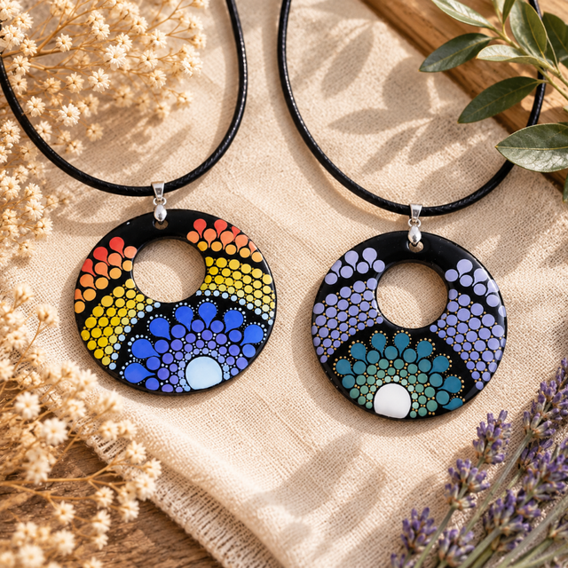 Collier mandala multicolore en bois – Pendentif 5 cm peint à la main