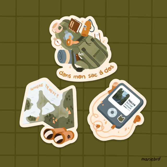Aventure, sac à dos et musique folk | Lot de 3 stickers - Collection 3 sœurs.