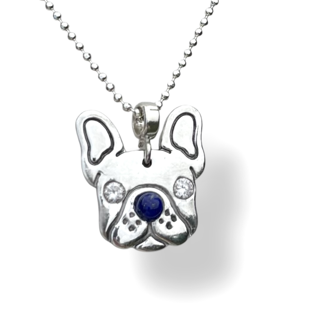 TEAM CHIEN Bouledogue Français Pendentif en argent écologique , Lapis Lazuli, Zirconia cristal et chaine en argent