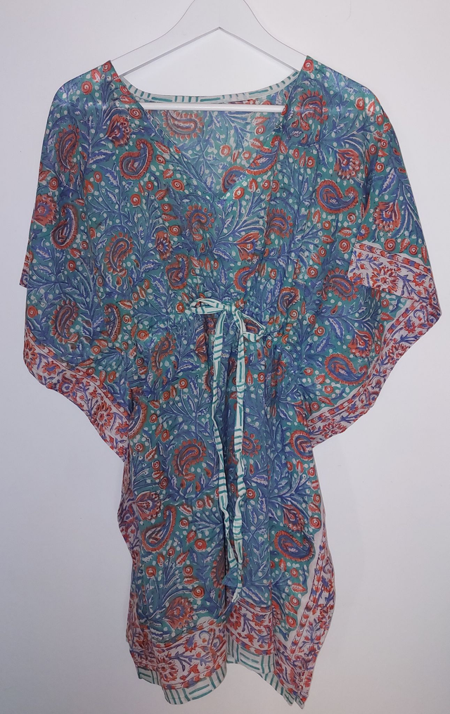 Caftan en coton voile imprimé à la main - Léger, artisanal, estival - vert