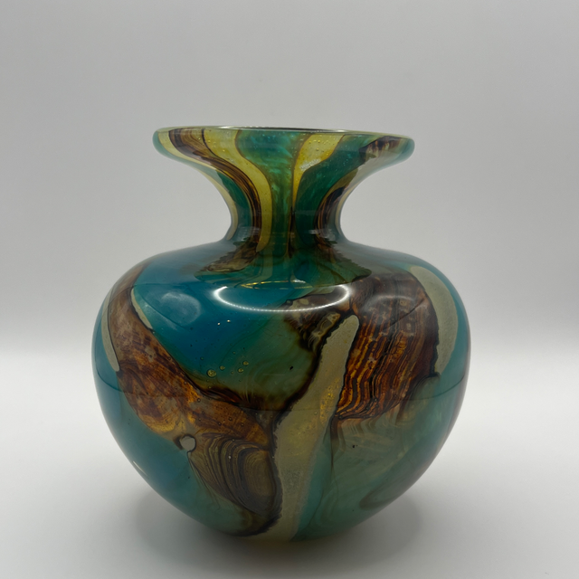 Mdina Glass Vase – Tiger Pattern in Blue, Yellow, Green &amp; Brown – Signed “Mdina”, 13cm