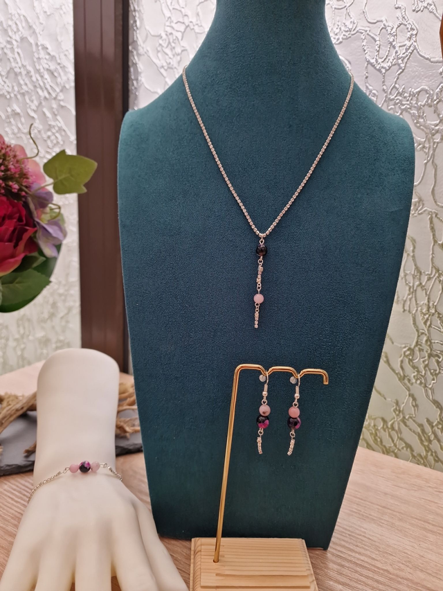 Parure Bijoux Trois Pieces Argent Plaqué Strass Perles Agate Rose Noire